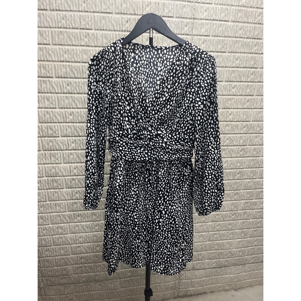 Black White Abstract Spotted Long Sleeve V-Neck Faux Wrap Mini Dress Small